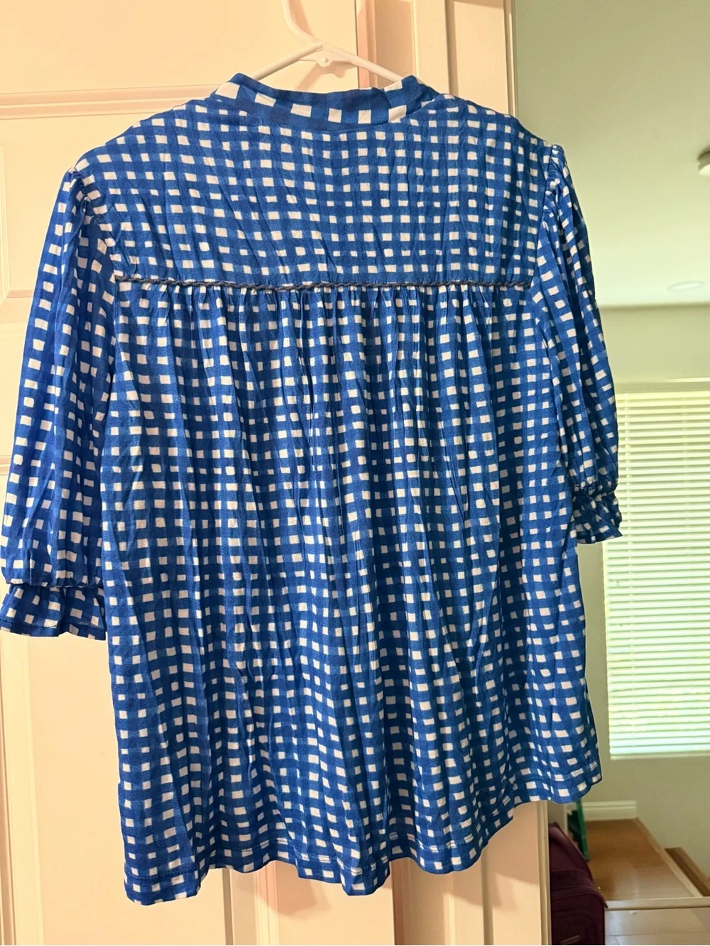 Anthropologie Blank London Short Sleeve V Neck Floral embroidered window pane